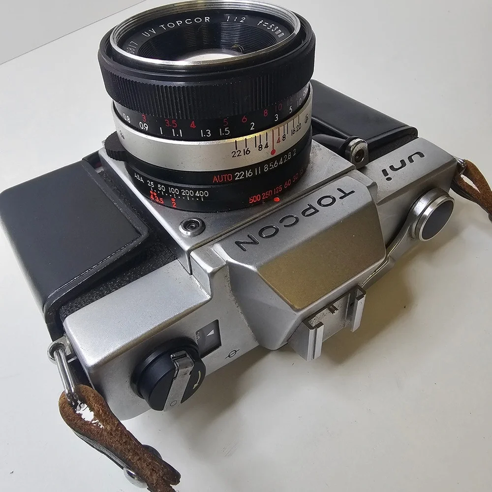 Vintage Topcon Uni 35mm SLR Camera with UV Topcor 53mm f2 Lens and Case Untested